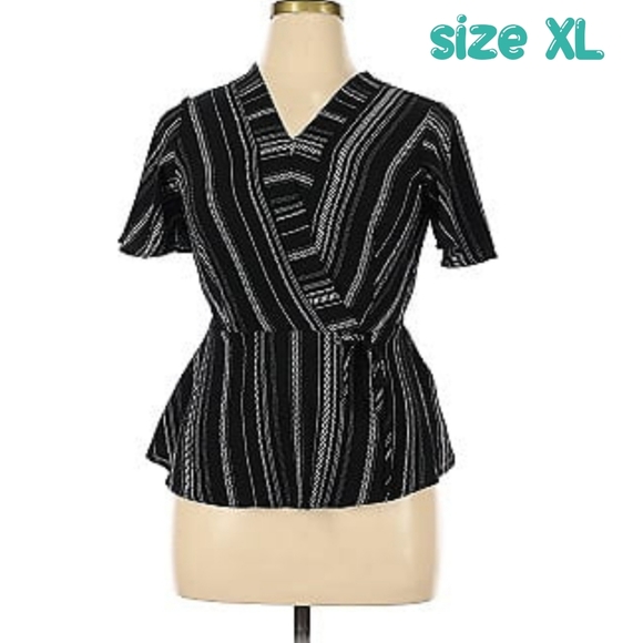 Monteau Vneck Faux Wrap Short Flutter Sleeve Thin Stripe Top Blouse Women XL - Picture 1 of 7